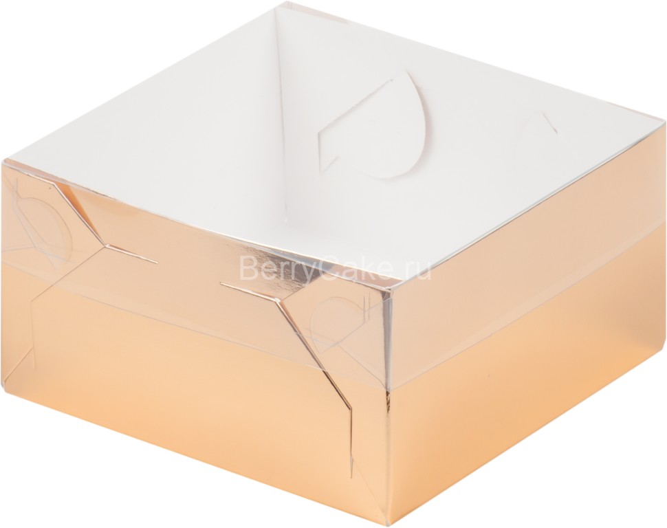 Коробка для зефира, тортов и пирожных с пластиковой крышкой 200*200*70 мм (золото)(РУК)