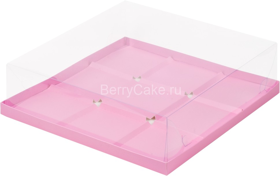 Коробка под муссовые пирожные с пластиковой крышкой 300*300*80 мм (9) (Розовая)(РУК)