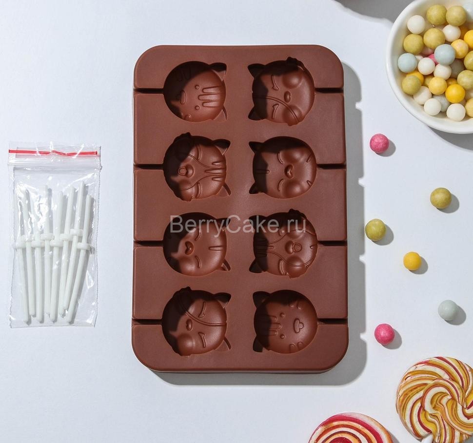 Форма для леденцов «Котики», 8 ячеек, 16,5×11×1,7 см, с палочками, 8 шт, цвет шоколадный
