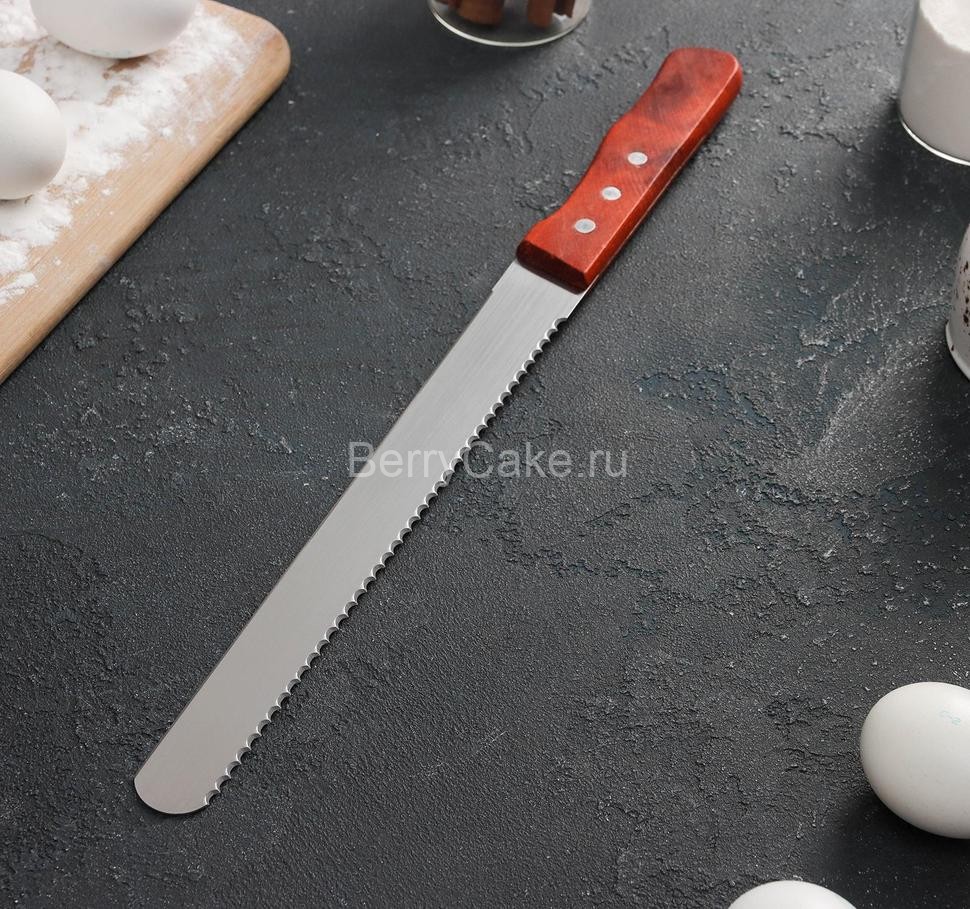 Нож для бисквита двусторонний с крупными зубцами и ровным краем, лезвие 25 см
