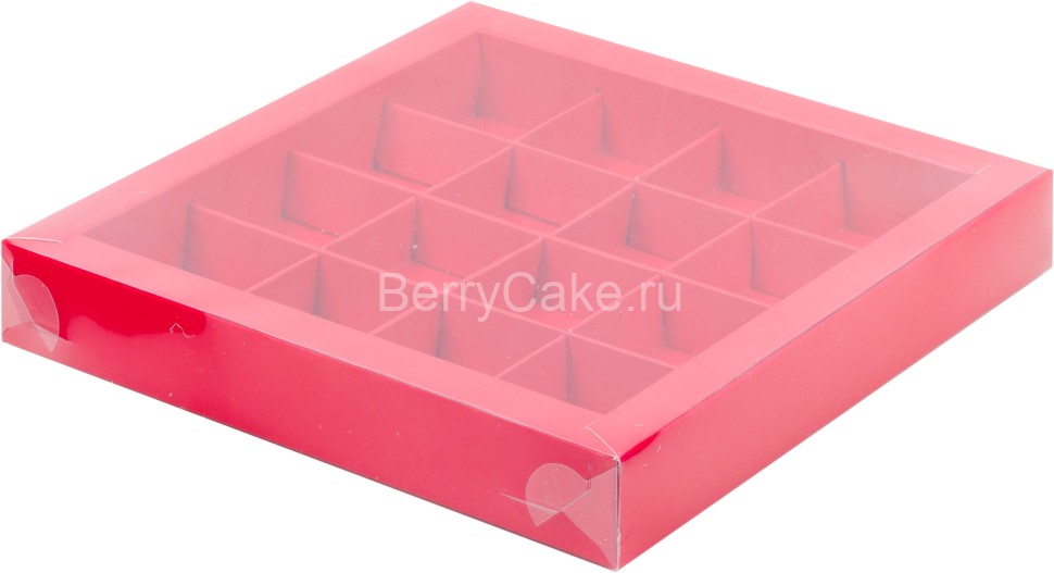 Коробка для конфет с прозрачной крышкой 200*200*30 (16) (красная)