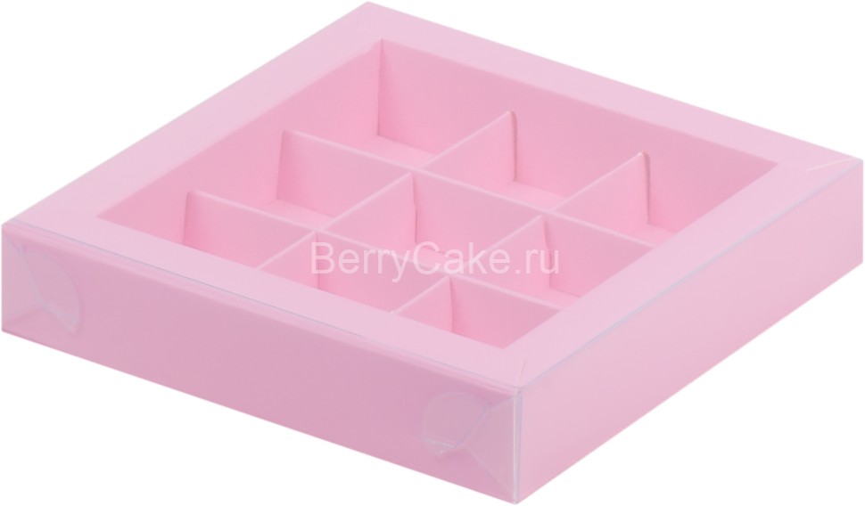 Коробка для 9 конфет (РОЗОВАЯ)160*160*30 см. прозрачная крышка  (РУК)