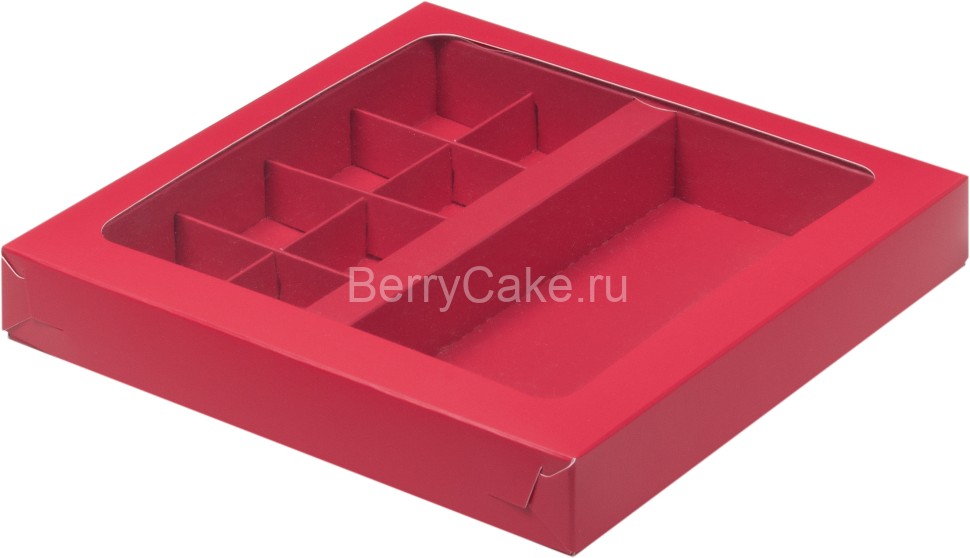 Коробка с вклеенным окном для  конфет 200*200*30мм (8)+для  шоколад.плитки 160*80мм (красная  матовая)