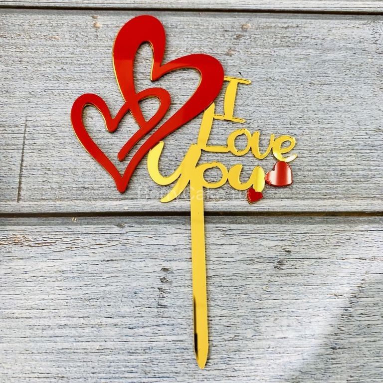 Топпер надпись «I Love You» золотой, с красными сердцами