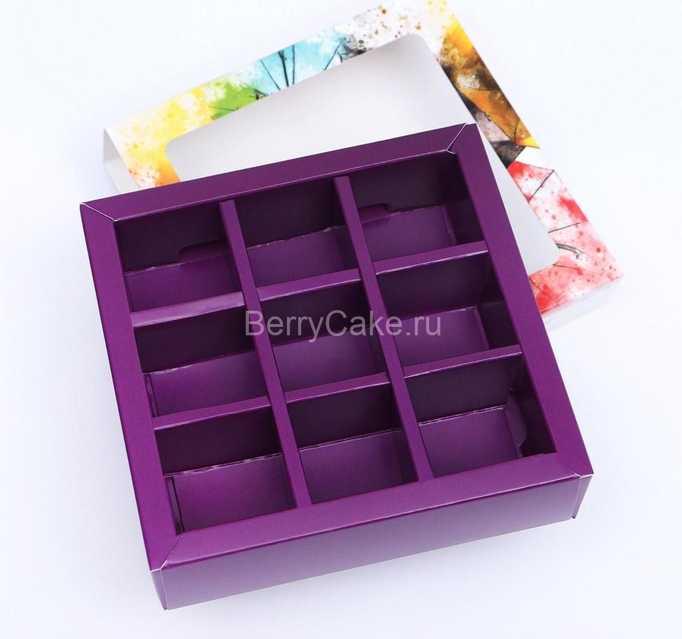 Коробка под 9 конфет с обечайкой " Зонтики " с окном 14,5 х 14,5 х 3,5 см
