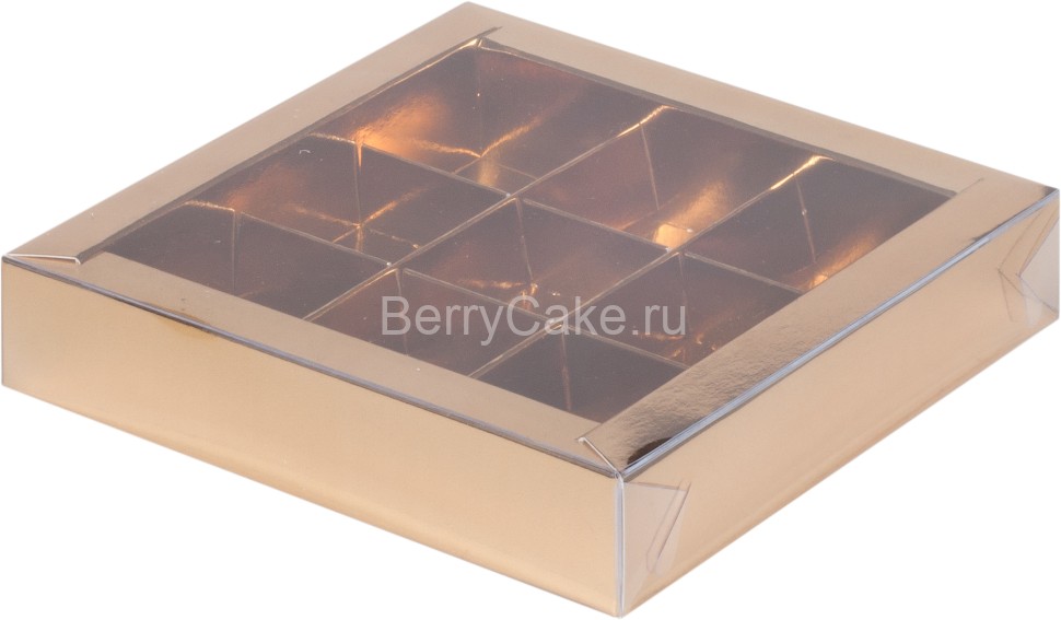 Коробка для конфет с вклеенным окном 155*155*30 мм (9) (золото) (Рук)