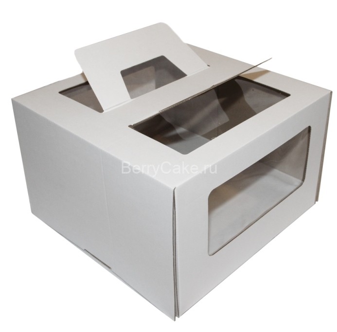 Коробка для торта 300x300x190 с окном, с ручками Белая (Ю)