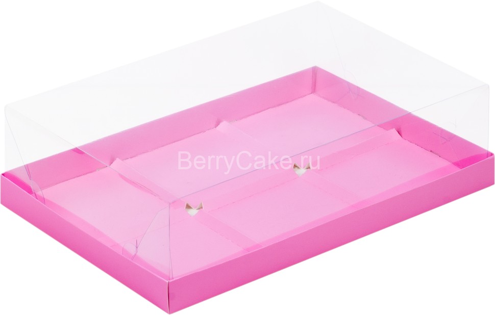 Коробка под муссовые пирожные с пластиковой крышкой 300*195*80 мм (6) (розовая матовая)