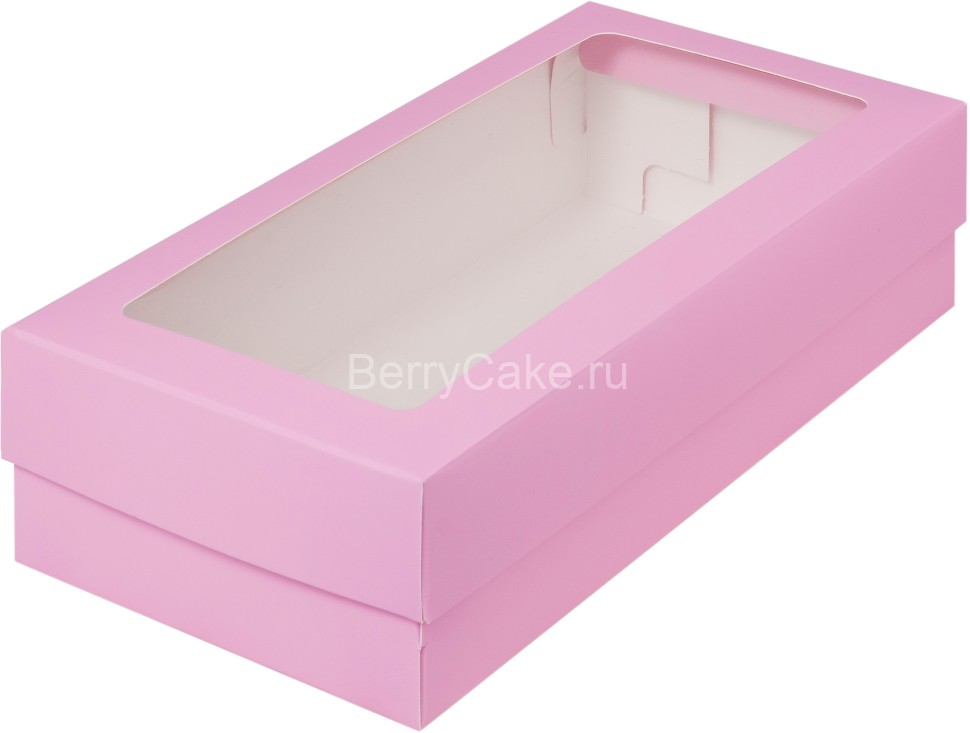 Коробка для макарон и др.кондитерской продукции с прямоугольным окошком 210*100*55мм (розовая мат.)