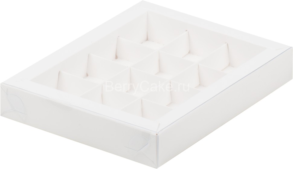 Коробка для 12 конфет БЕЛАЯ с пластиковой крышкой 190*150*30 мм. (РУК)