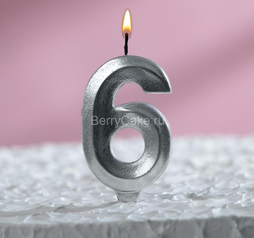 Свеча в торт "Грань", цифра "6", серебряный металлик, 7.8 см