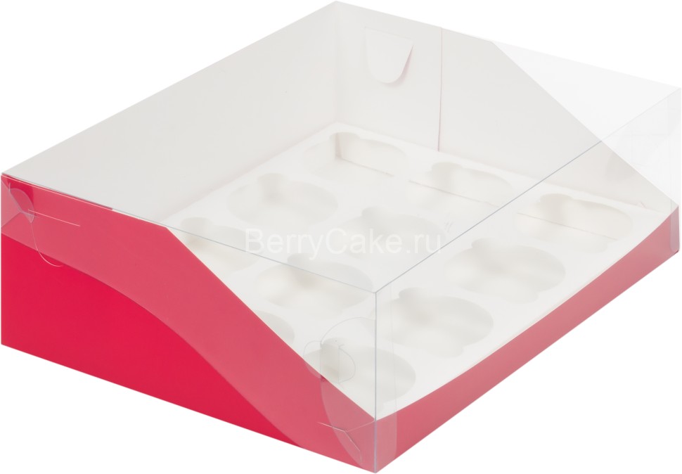 Коробка под капкейки с пластиковой крышкой 310*235*100 мм (12) (красная матовая)