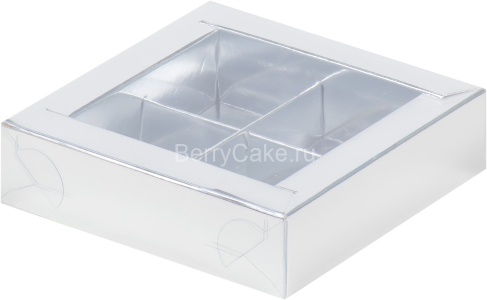 Коробка для конфет 4шт (СЕРЕБРО) 120*120*30 мм. с пластиковой крышкой (РУК)