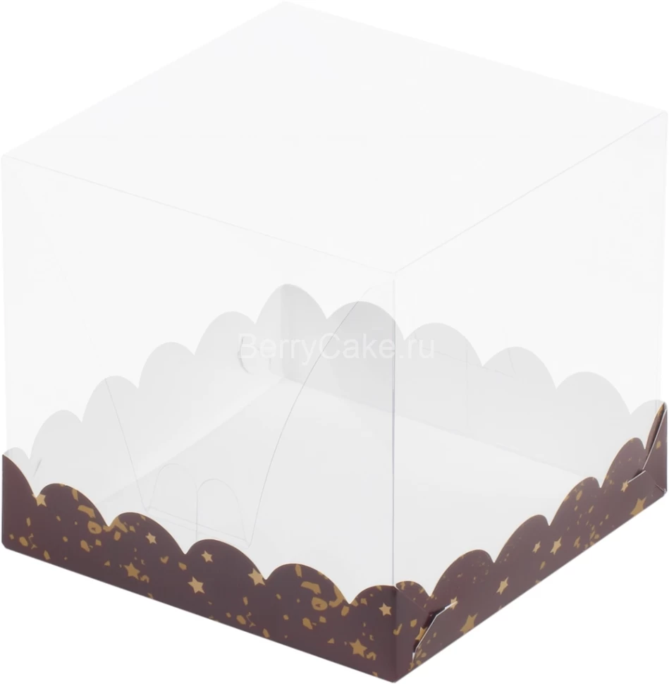 Коробка для торта Коричневая со звездами 150*150*140 мм  с прозрачным куполом (РУК)