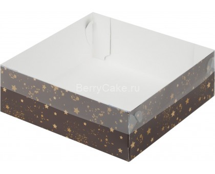 Коробка для зефира ,тортов и пирожных с пласт. крышкой 200*200*70 (Коричневая со звёздами) (РУК)