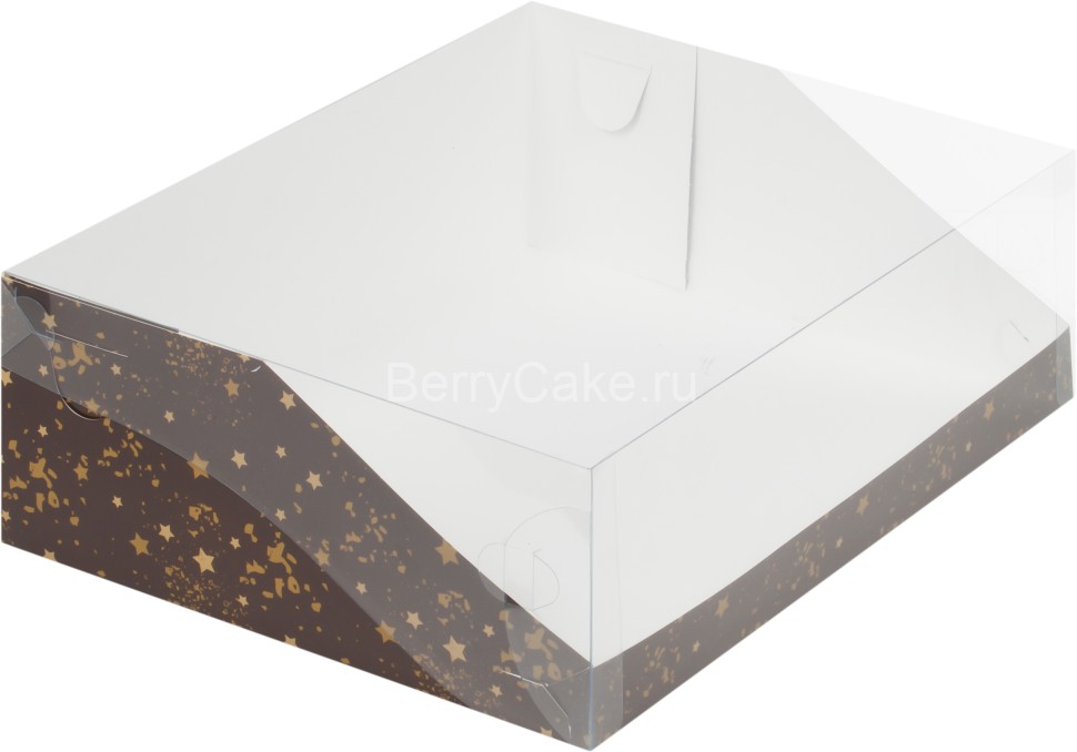 Коробка для торта с пластиковой крышкой Коричневая со звездами, 310*235*100 мм (РУК)