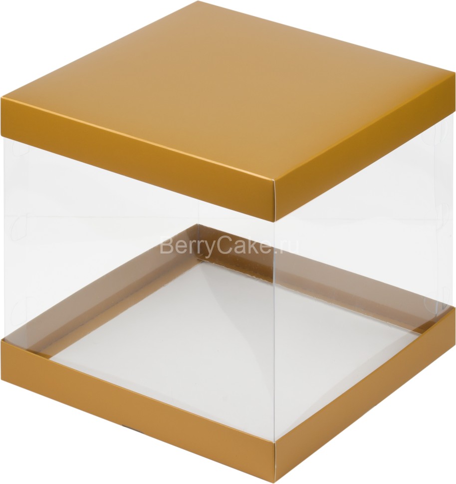 Коробка под торт с прозрачными стенками 300*300*280 (золото матовая)