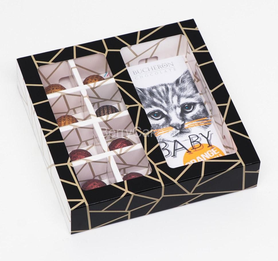 Коробка под 8 конфет + шоколад, с окном, "Геометрия", черно-белая, 17,7 х 17,85 х 3,85 см