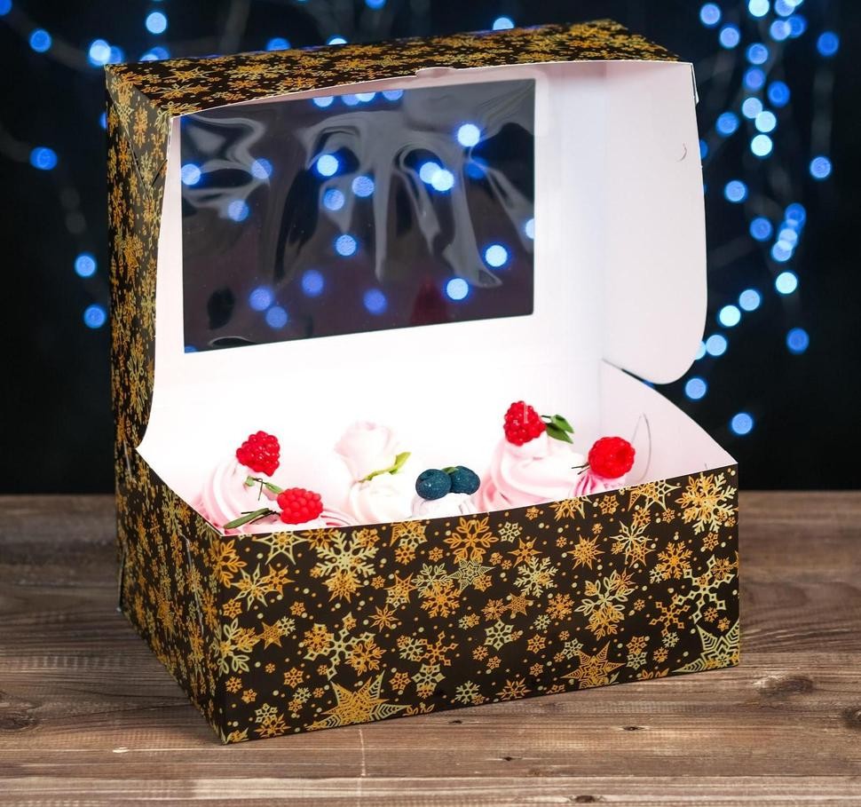 Коробка картонная на 6 капкейков "Звезды-снежинки",с окном, 25 х 17 х 10 см