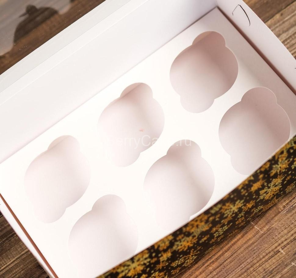 Коробка картонная на 6 капкейков "Звезды-снежинки",с окном, 25 х 17 х 10 см