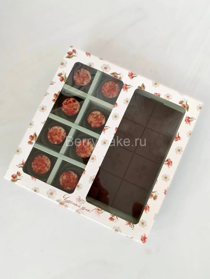 Коробка с обечайкой с окном "под 8 конфет и плитку шоколада", Чайный букет