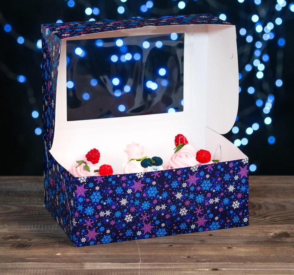 Коробка картонная на 6 капкейков "Снежинки" на синем, с окном, 25 х 17 х 10 см