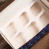 Коробка картонная на 6 капкейков "Снежинки" на синем, с окном, 25 х 17 х 10 см