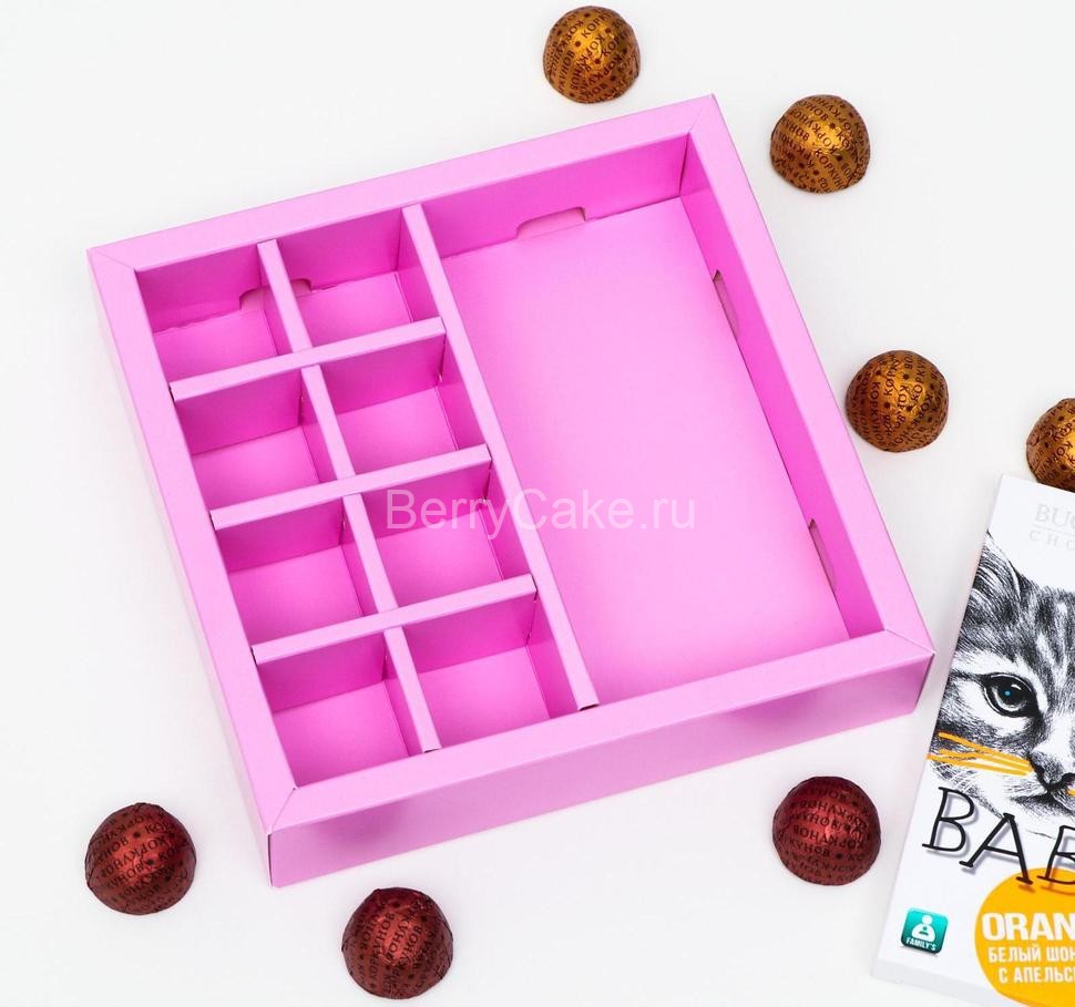 Коробка под 8 конфет + шоколад, с окном, сиреневая, 17,7 х 17,85 х 3,85 см