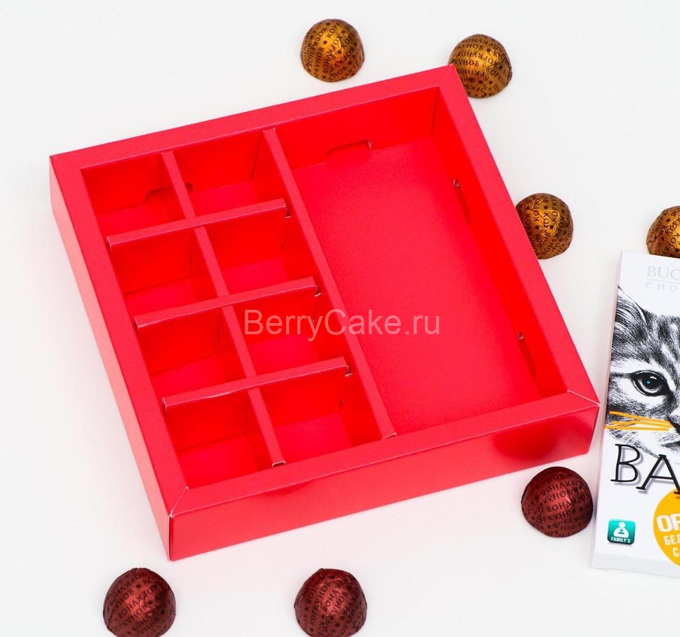 Коробка под 8 конфет + шоколад, с окном, алая, 17,7 х 17,85 х 3,85 см