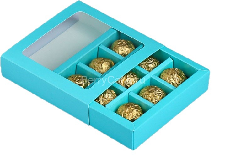 Коробка с обечайкой с окном "под 9 конфет", голубой