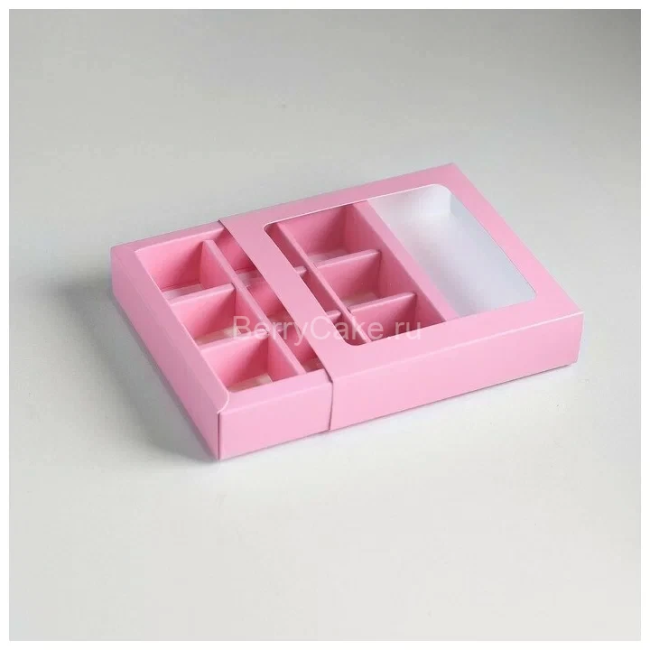 Коробка с обечайкой с окном "под 9 конфет", розовый