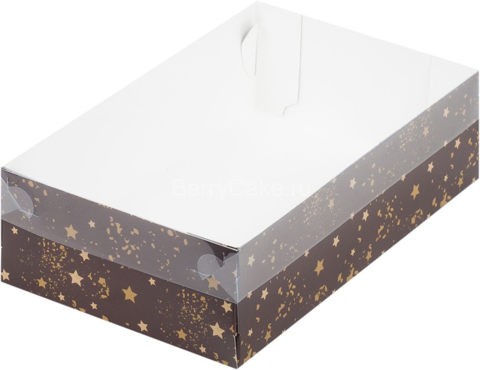 Коробка для зефира, тортов и пирожных с пласт крышкой 250*150*70 мм Коричневая со звездами(РУК
