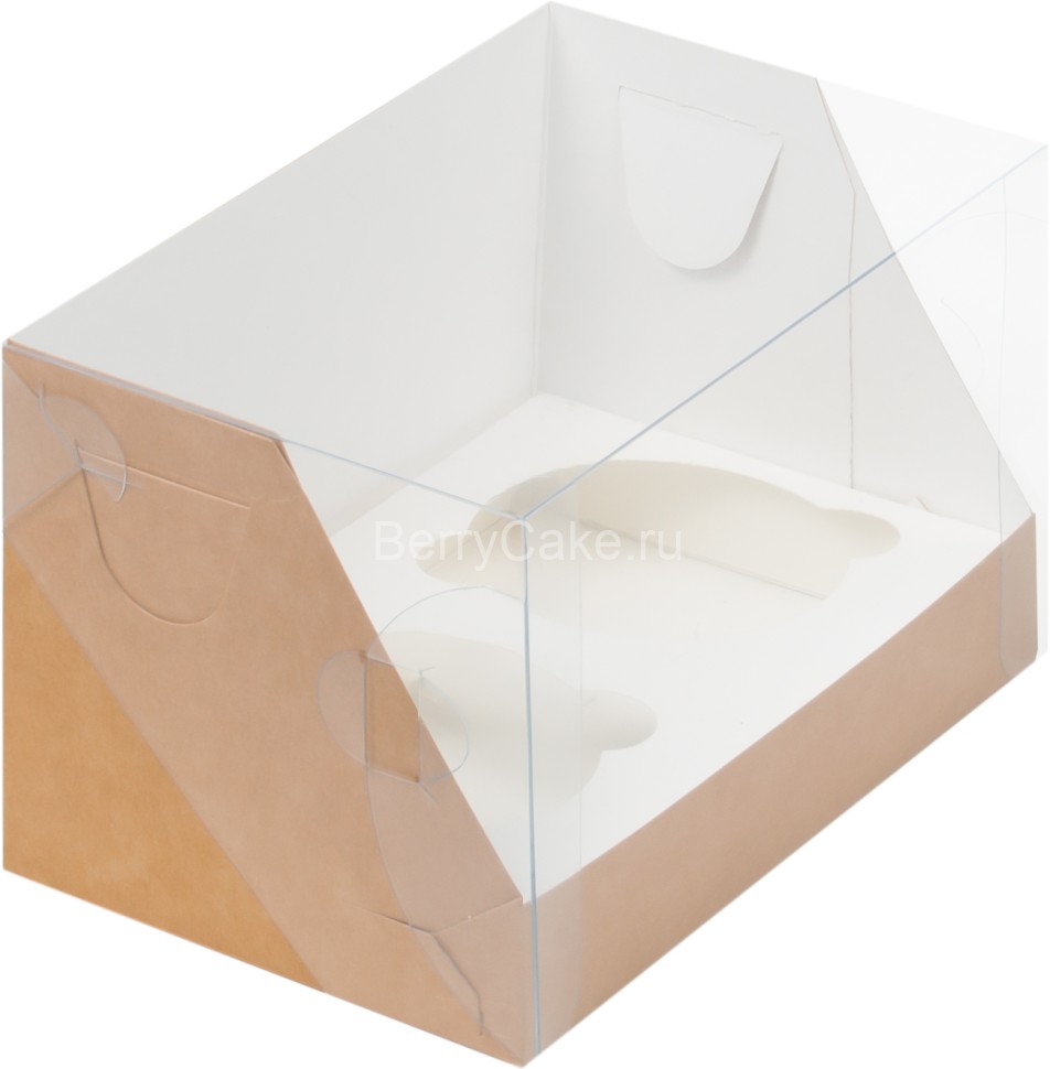 Коробка под 2 капкейка с пластиковой крышкой 160*100*100 мм (КРАФТ)(РУК)