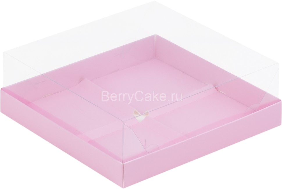 Коробка под муссовые пирожные 4шт (РОЗОВАЯ) с пластиковой крышкой 190х190х80 мм