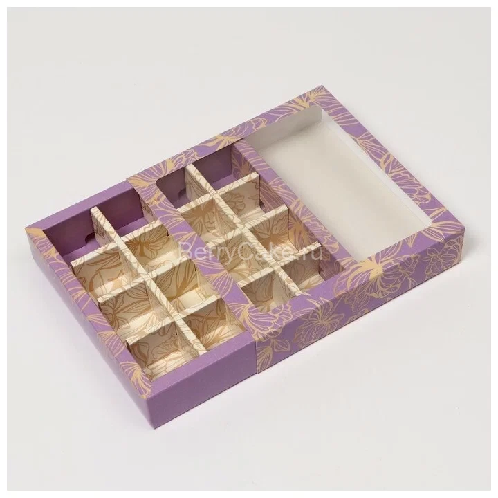 Коробка с обечайкой с окном "под 16 конфет", Сиреневый узор