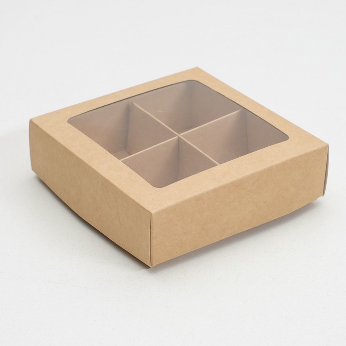 Коробка для конфет 4шт (КРАФТ) 15*15*30 см. с пластиковой крышкой  (РУК)