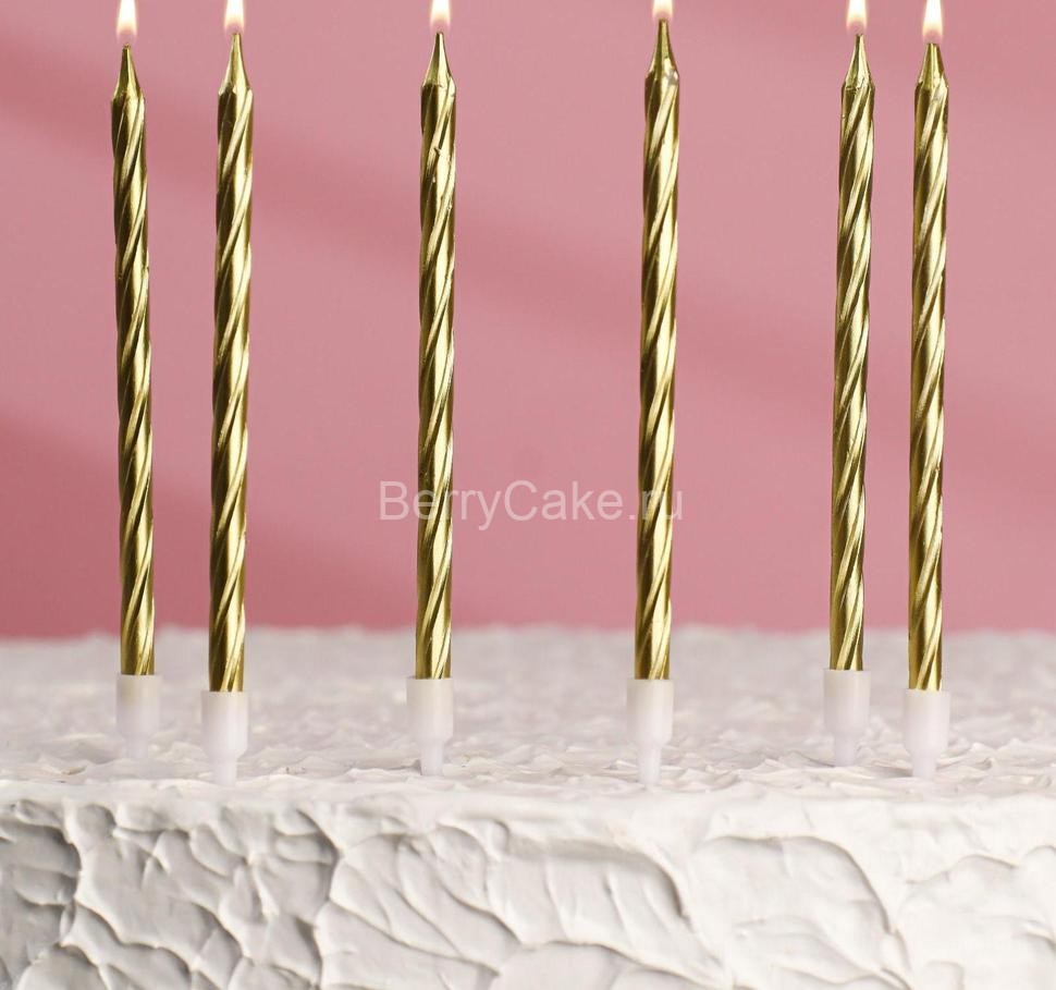 Свечи в торт "Металлик" , 14 см, 6шт с подставкой, золотистые