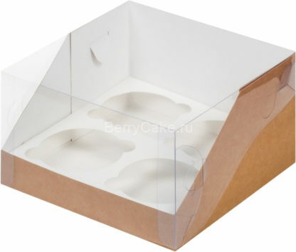 Коробка под капкейки с пластиковой крышкой 160*160*100 мм (4) (крафт) (РУК)