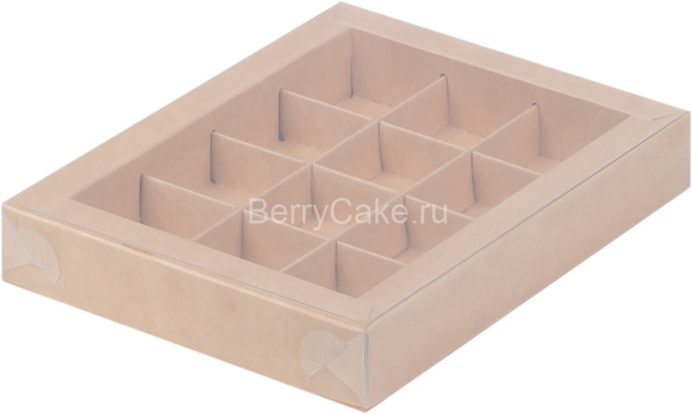 Коробка для 12 конфет КРАФТ с пластиковой крышкой 190*150*30 мм. (РУК)