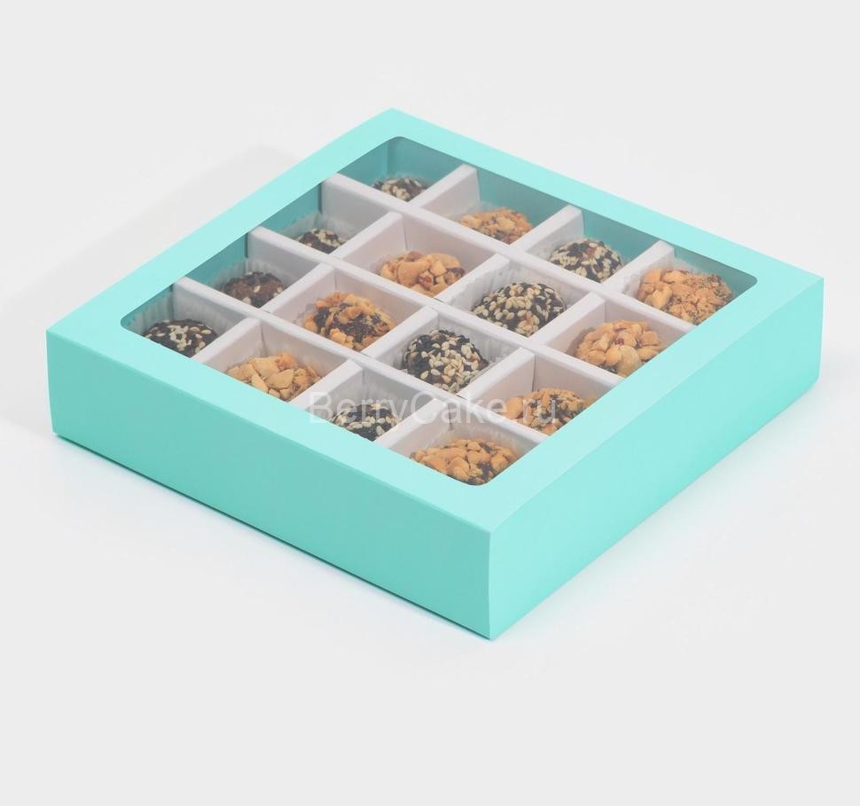 Коробка под 16 конфет с ячейками «Голубая» 17,7 х 17,7 х 3,8 см