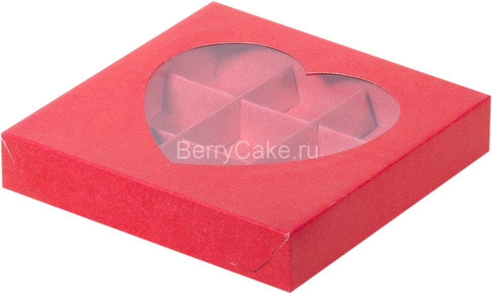 Коробка для конфет с окошком сердце 155*155*30 мм (9) (красная матовая) (Рук)