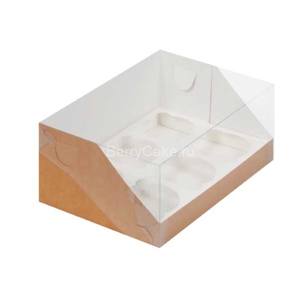 Коробка под капкейки с пластиковой крышкой 235*160*100 мм (6) (крафт) (РУК)