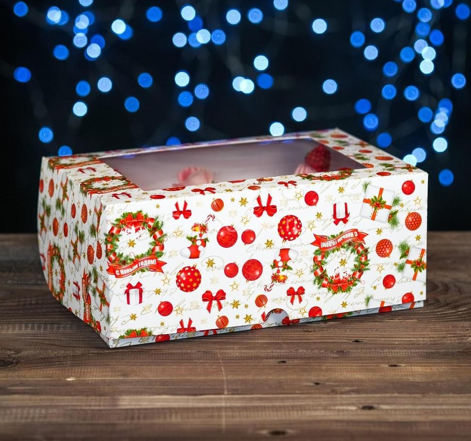 Коробка картонная на 6 капкейков "Рождество" ,с окном, 25 х 17 х 10 см