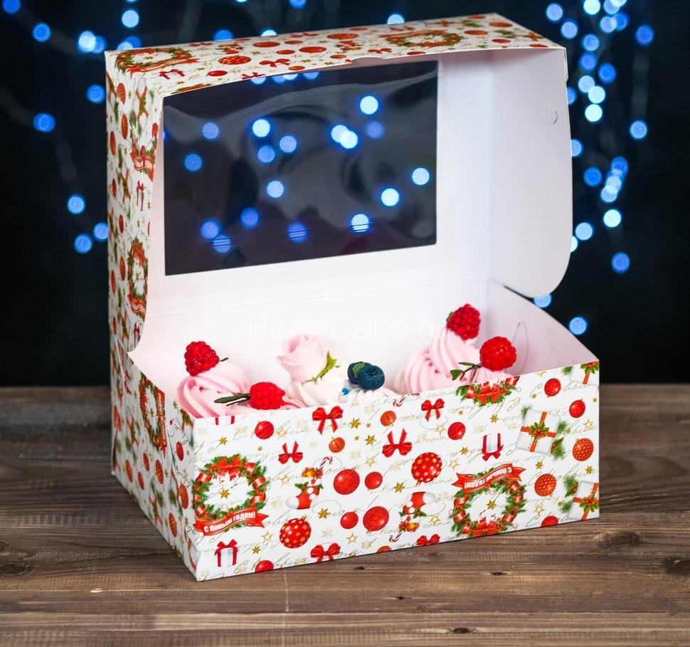Коробка картонная на 6 капкейков "Рождество" ,с окном, 25 х 17 х 10 см
