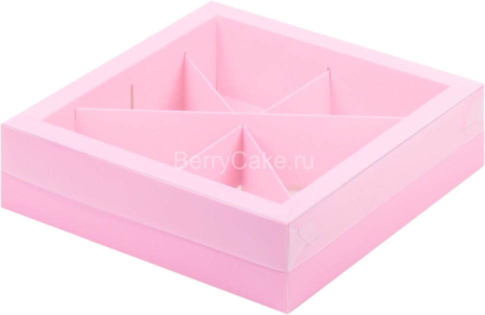 Коробка под ассорти сладостей пластиковая крышка (4 или 6 ячеек) 200*200*55 мм. (РОЗОВАЯ) (РУК)