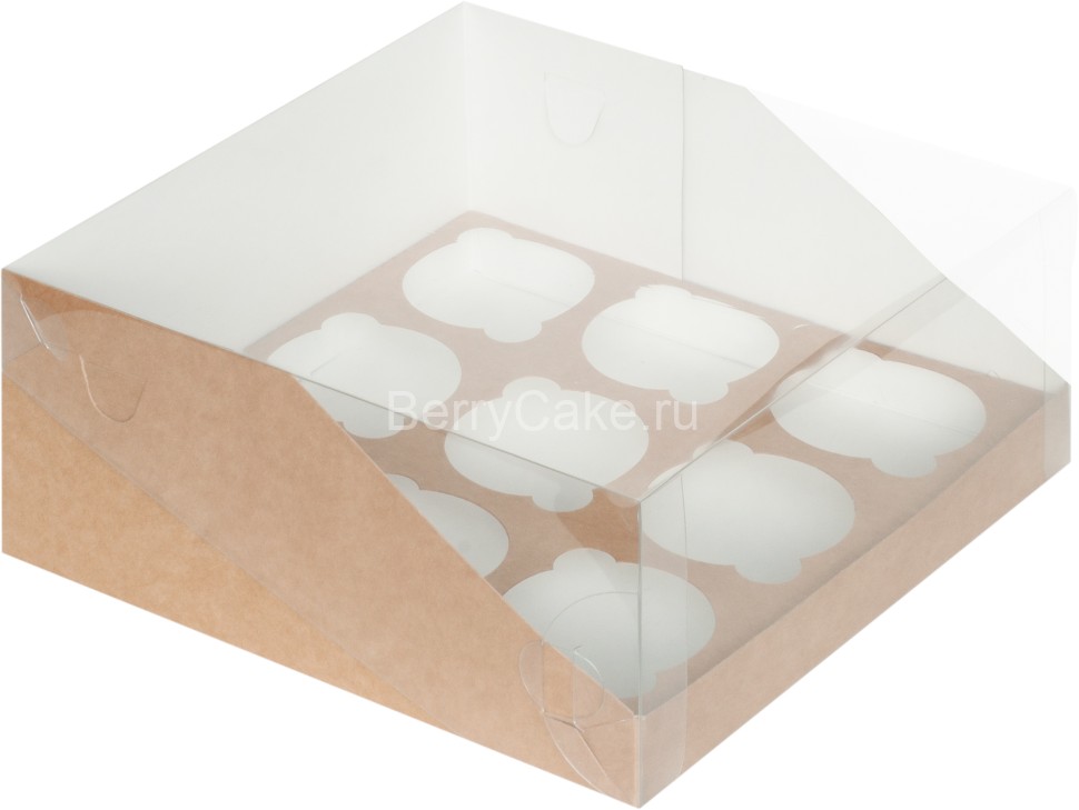 Коробка под капкейки с пластиковой крышкой 235*235*100 мм (9) (крафт) (РУК)