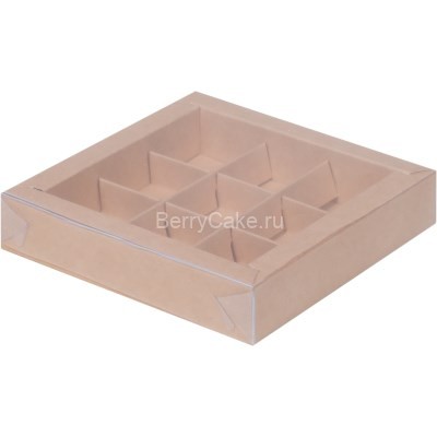 Коробка для конфет с вклеенным окном 155*155*30 мм (9) (крафт) (Рук)