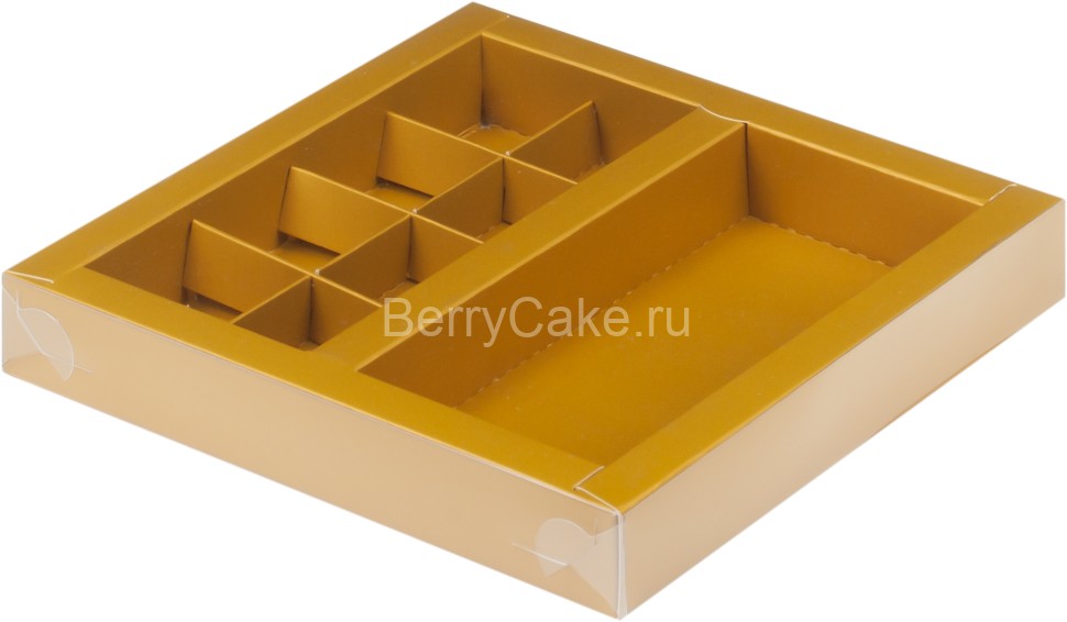 Коробка с вклеенным окном для  конфет 200*200*30 мм (8) + для  шоколад.плитки 160*80 мм (золото) (Рук)