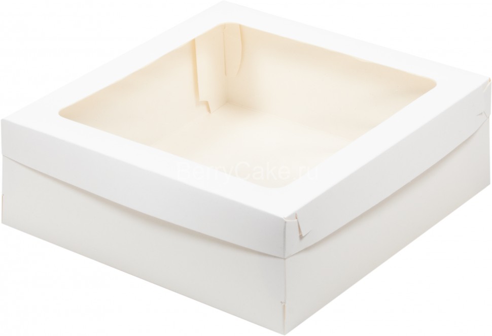 Коробка для зефира, тортов и пирожных со съемной крышкой и окном 200*200*70 мм (белая) (Рук)