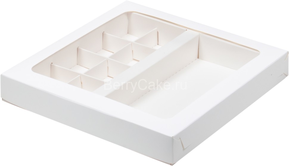 Коробка с вклеенным окном для  конфет 200*200*30 мм (8) + для  шоколад.плитки 160*80 мм (белая) (Рук)